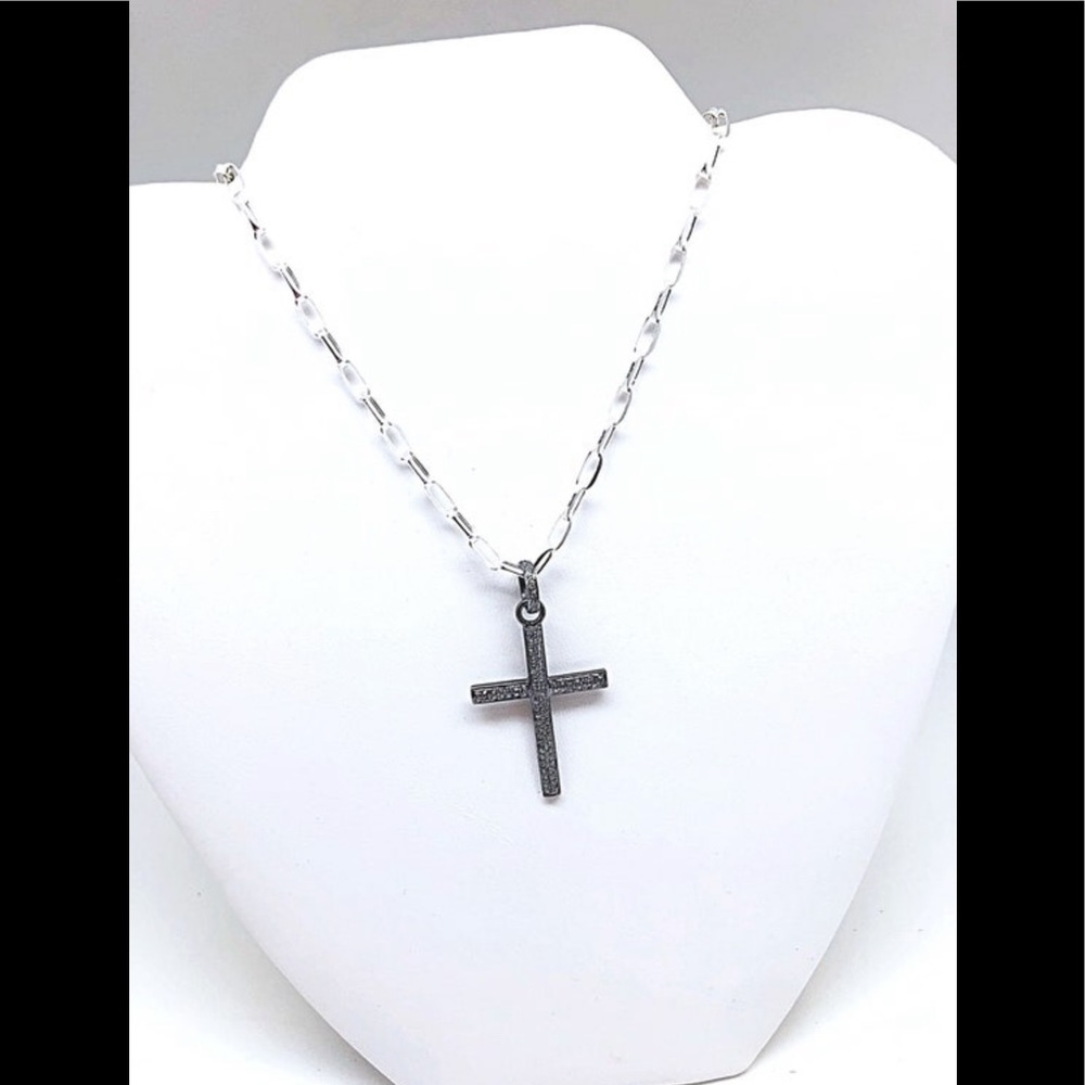 Classic Pave Diamond Large Cross on Paperclip Sterling Chain, Unisex NWT